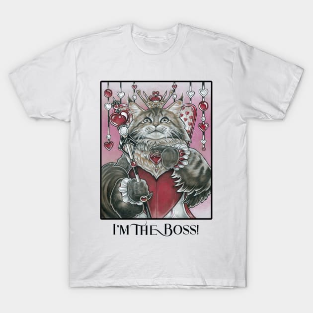 Queen of Hearts Cat - I'm the Boss! - Black Outlined Design T-Shirt by Nat Ewert Art